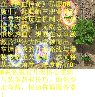 在《热血传奇》私服08版中，经典的三职业设定、复古的玩法机制以及高爆率特色，让无数老玩家重燃热血。想要在竞争激烈的玛法大陆脱颖而出，掌握高效的升级路线与爆装策略至关重要。本文将从实战角度，深度解析08版私服的升级核心逻辑与装备获取技巧，助你少走弯路，快速称霸服务器！