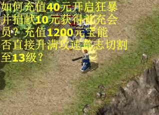 如何充值40元开启狂暴并捐献10元获得首充会员？充值1200元宝能否直接升满攻速意志切割至13级？